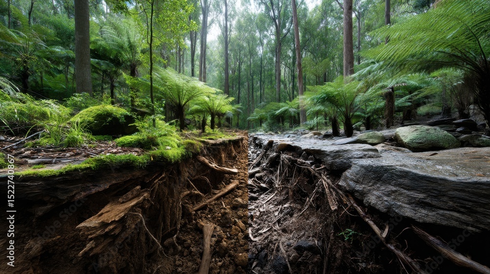 Poster the two images show a forest with a large hole in the ground