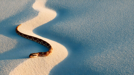 Obraz premium Snake slithering across soft sand dunes, creating a winding path through the textured surface, showcasing the beauty of nature and wildlife in a serene environment. Selective focus