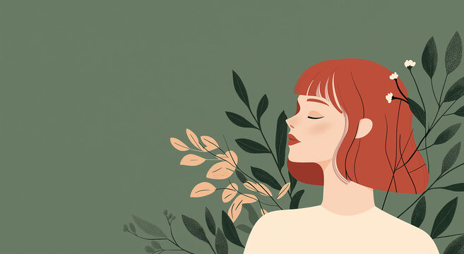 Ilustra&ccedil;&atilde;o minimalista chinesa, mulher com cabelos curtos ruivos, folhas e flores, ilustra&ccedil;&atilde;o