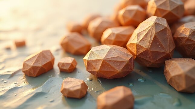 Macro shot of geometric brown rocks on a wet surface. Ideal for backgrounds, textures, and abstract concepts. 198 characters
