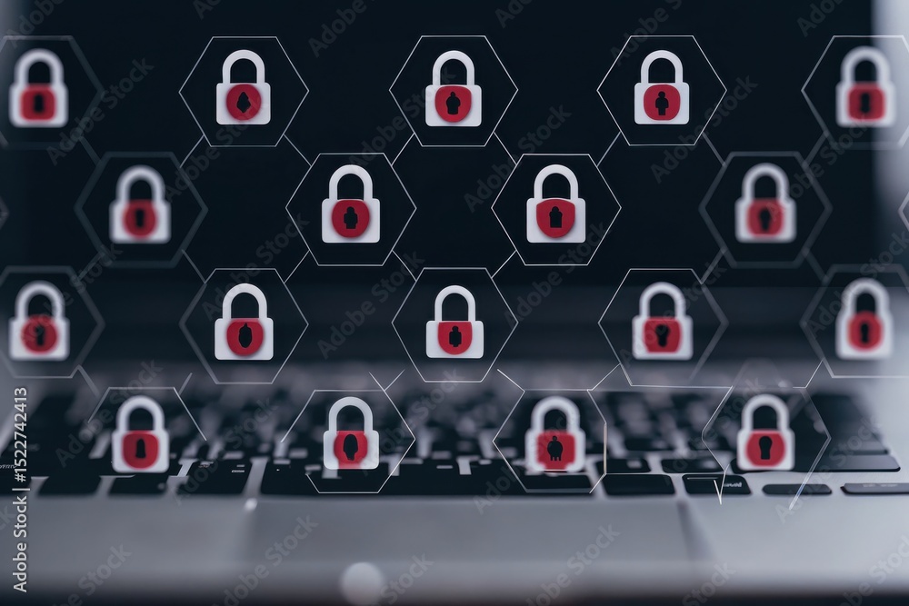 Poster multiple digital padlocks overlay a blurred laptop keyboard, symbolizing cybersecurity and data prot