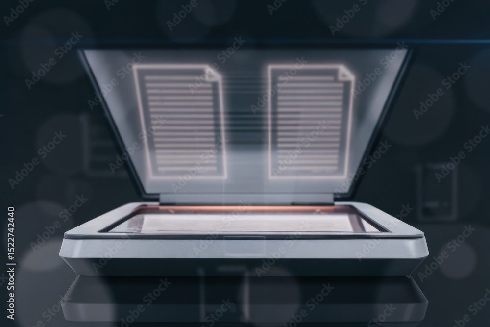 Poster a flatbed scanner with a digital overlay of documents, symbolizing scanning and digitization technol