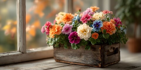 Rustic wooden planter box with vibrant, colorful flowers sits on a bright windowsill on the left. Its background is softly blurred and out-of-focus.