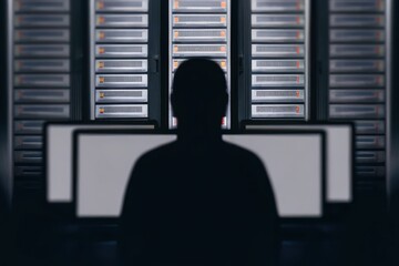 A person sits in front of multiple monitors, facing a large server rack in a dimly-lit data center.