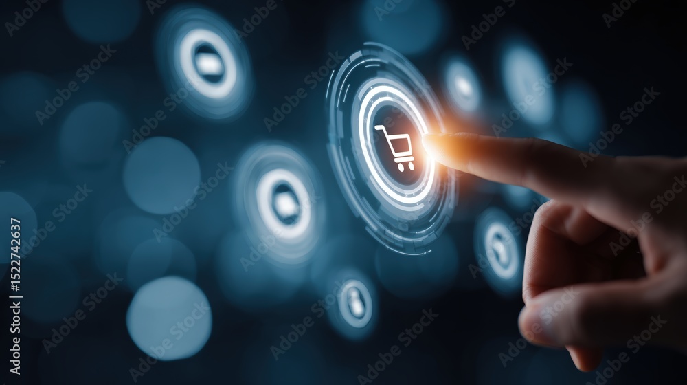 Aufkleber a finger touching a digital shopping cart icon on a futuristic interface with bokeh background light