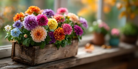 Obraz premium Rustic wooden planter box with vibrant, colorful flowers sits on a bright windowsill on the left. Its background is softly blurred and out-of-focus.