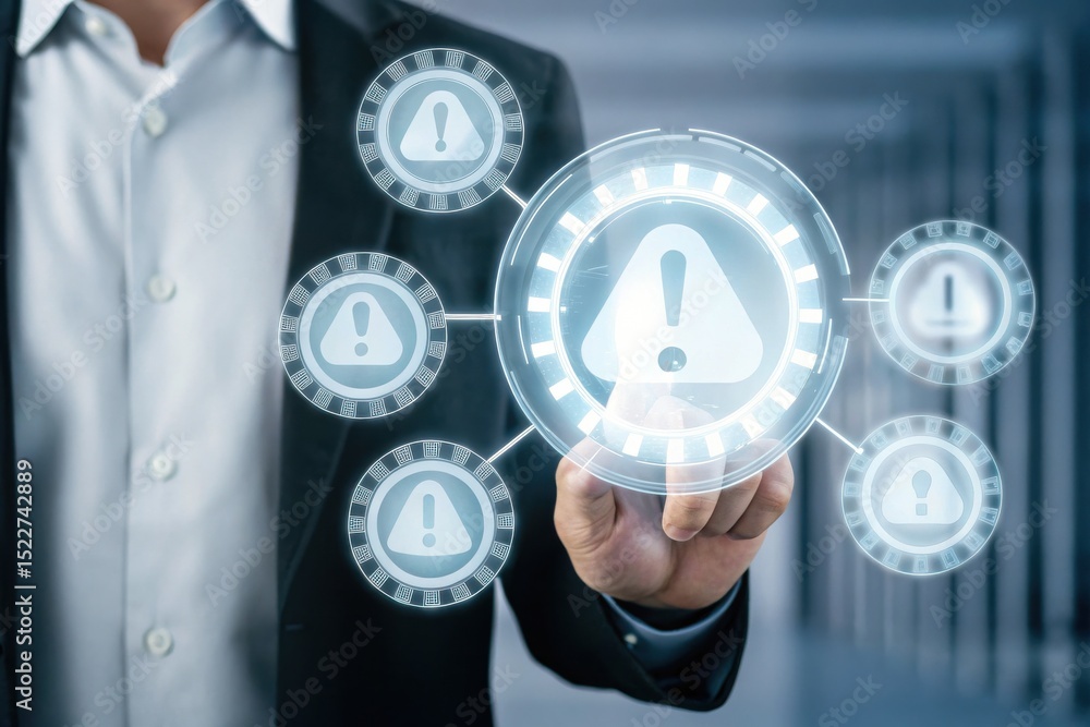 Poster a businessman interacts with a virtual warning alert interface, highlighting digital risk and cautio