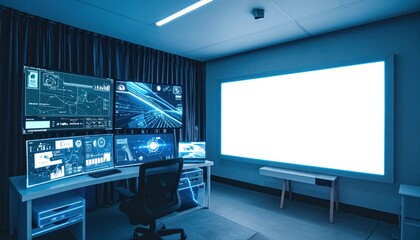 Blue-lit tech room with displays showing data and a blank screen, and a rolling chair