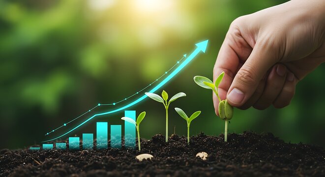 Wind Turbine Farm with Data Visualization Overlay Showing Growth and Sustainability in Renewable Energy Production