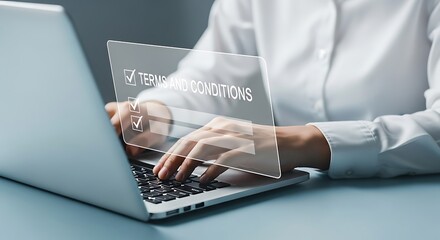 Person using laptop with terms and conditions checklist on screen agreeing to legal agreement online digital consent concept