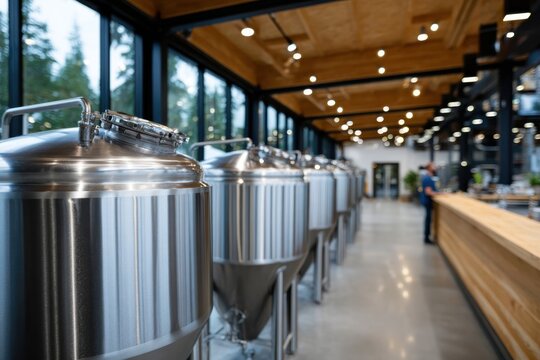 An industrial setting featuring large stainless steel tanks, showcasing a modern brewing facility that emphasizes craftsmanship and technology in beer production.