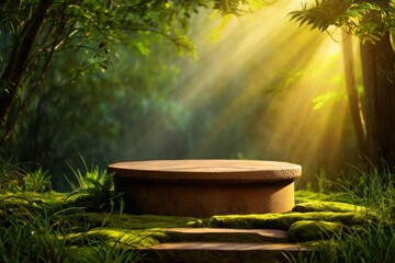 Wooden Pedestal on Mossy Forest Floor, Enchanted Woodland with Sunbeams Filtering Through Trees, Ideal for Nature-Inspired Product Display or Fantasy-Themed Mockup