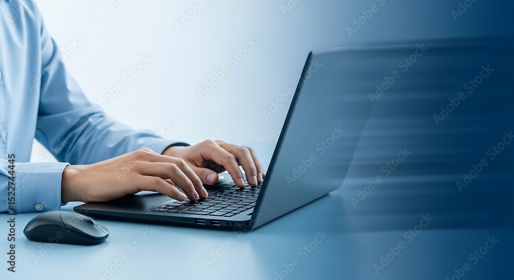 Poster close up of a man typing on a laptop computer with a mouse on the desk in office