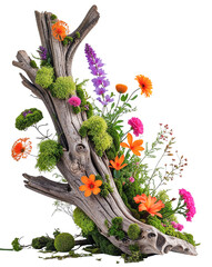 Decorative ekibana made of dry wood and bright colors