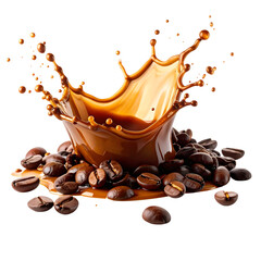A splash of coffee erupts among scattered coffee beans, capturing the dynamic movement of the liquid.