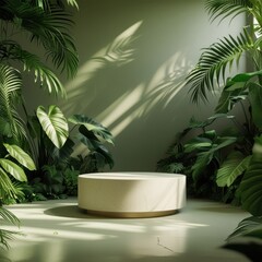Obraz premium Minimalist Round Pedestal in Tropical Greenhouse, Surrounded by Lush Jungle Plants and Soft Natural Light, Ideal for Eco Product Display or Botanical Mockup Scene