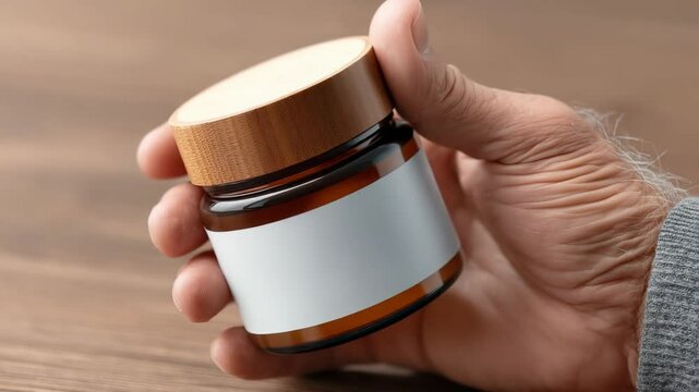 Hand holding jar with wooden lid, showcasing blank label for customization