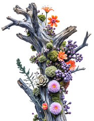 Decorative ekibana made of dry wood and bright colors