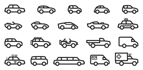 various civilian car vehicle simple line outline silhouette side view set icon symbol vector on transparent background