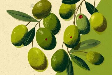 Olives vertes en branches - Art print, illustration vintage pour poster, publicit&eacute;