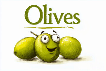 Illustration d'olives vertes avec des yeux - Humour, illustration, poster, t-shirt