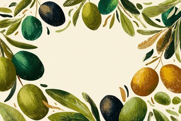 Illustration d'olives et de feuilles, encadrement, fond d'&eacute;cran, emplacement pour du texte