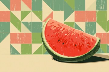 Illustration tranche de past&egrave;que, fond g&eacute;om&eacute;trique - Emplacement texte - Art print