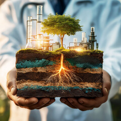 Carbon Capture and Storage. CCS. Hands holding soil with CO safely stored beneath, depicting environmental care.