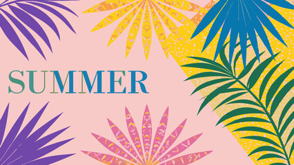 Summer themed background with colorful palm leaves and the word summer on a light pink background design
