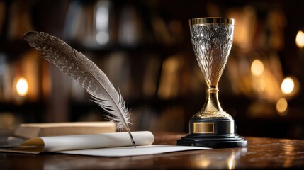 A feather and a cup are on a table