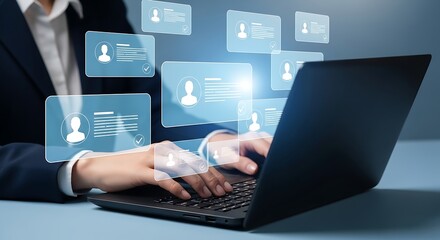 Obraz premium Businesswoman using laptop for online recruitment and human resources management with digital profile interface job search and hiring