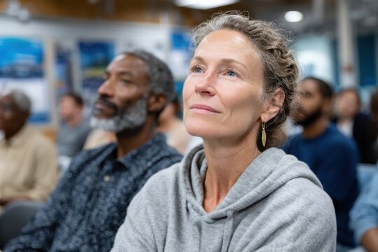A thoughtful older woman gazes upward during a workshop, embodying inspiration and the value of lifelong learning in personal development and community connection.