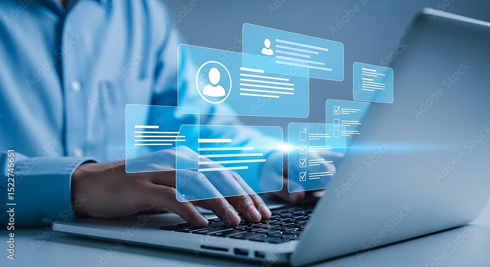Poster human resources professional working on laptop with virtual data interface for employee management a