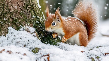 Fototapeta premium Playful Squirrel Frolicking in Snowy Winter Wonderland Near Tree