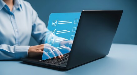 Completing Digital Checklist on Laptop with Check Marks and Boxes Modern Business Woman Online Survey and Form Blue Background
