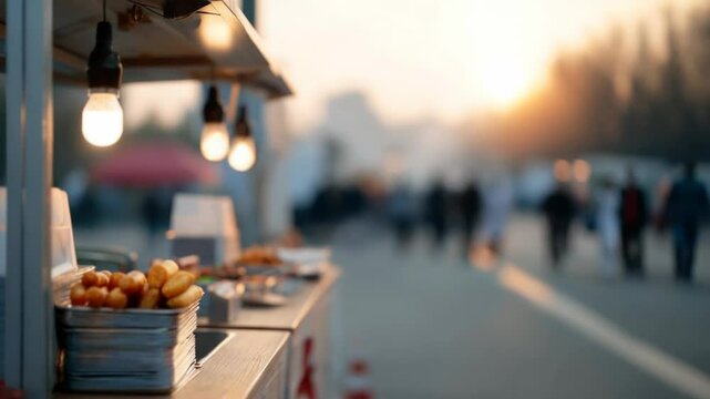Warm evening light highlights tempting snacks at vibrant food stall, inviting taste buds