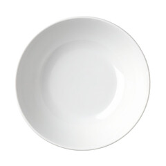 A round white ceramic plate with a shallow depth and smooth surface.