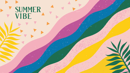 Obraz premium Colorful summer vibe background with palm leaves, pastel waves, and scattered triangle confetti design art
