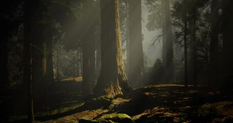 Sunlight breaks through tall trees in a tranquil forest, casting soft rays on the forest floor. The atmosphere is calm and peaceful, inviting exploration and reflection. - Powered by Adobe