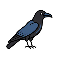 Fototapeta premium Cartoon raven bird with blue accents standing on a solid background 