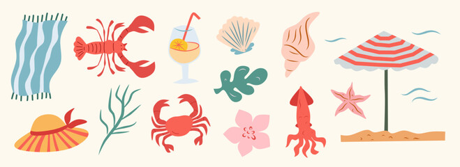Bon voyage doodle illustration set. Vector hand drawn mediterranean Italian coast sea, seafood, beach print elements. Summer vacation icon collection for party invitation, picnic, wall decor element. © Sinta Alfa