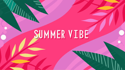 Obraz premium Summer vibe themed background with tropical leaves and pink and purple abstract shapes design