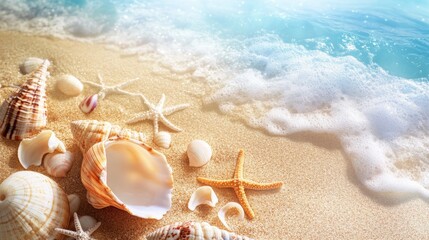 sandy beach, shells and starfish, Generative AI