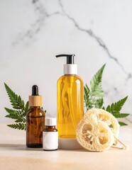 Fototapeta premium A sleek glass bottle of essential oil sits beside an open jar filled with aromatic oils and fresh green leaves, evoking a sense of natural wellness.