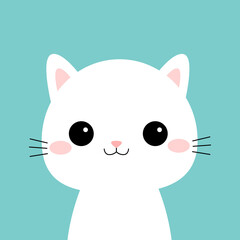 White cat. Cute face head icon. Kawaii kitten, kitty. Cartoon funny baby character. Sticker print. Flat design. Blue background. Isolated. Vector illustration