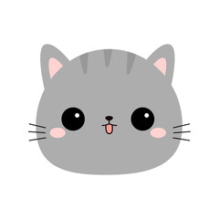 Cute gray cat face head round icon. Kawaii kitten, kitty. Cartoon funny baby character. Pink tongue. Sticker print. Flat design. White background. Isolated. Vector illustration