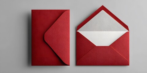 Top-down view of an elegant, open red envelope with a blank white card inside, placed on the right. The background is a clean, minimalist gray.