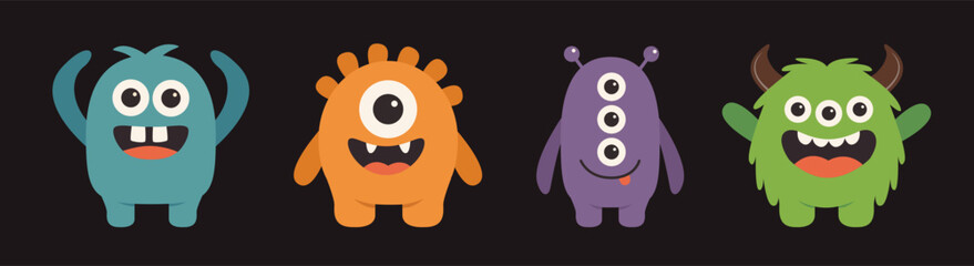 Happy Halloween. Monster set line. Funny cartoon kawaii baby character face. Cute colorful monsters silhouette icon. Horns, teeth, eyes, hands. Childish style. Flat design. Black background. Vector