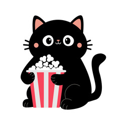 Black cat kitten holding big popcorn box. Cute cartoon funny character. Cinema theater. Film show. Pop corn food. Kitten sitting watching movie. Childish style. Flat design. White background. Vector