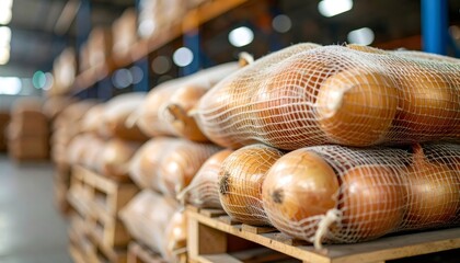 Mesh bags filled with onions stacked neatly on pallets in a warehouse, awaiting distribution for markets and retailers